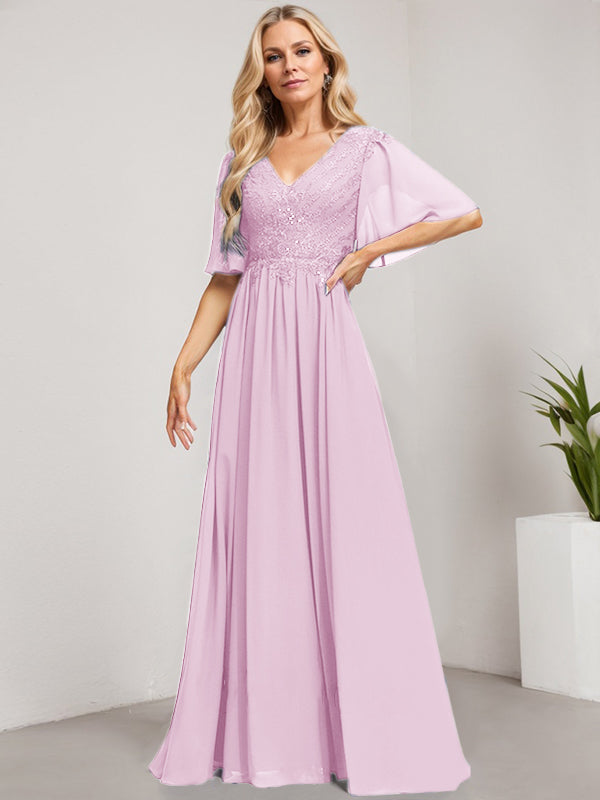 A-Linien-Kleid aus Chiffon mit V-Ausschnitt, bodenlang, mit Pailletten besetzt – ideal für die Mutter der Braut 