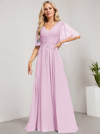 A-Linien-Kleid aus Chiffon mit V-Ausschnitt, bodenlang, mit Pailletten besetzt – ideal für die Mutter der Braut 