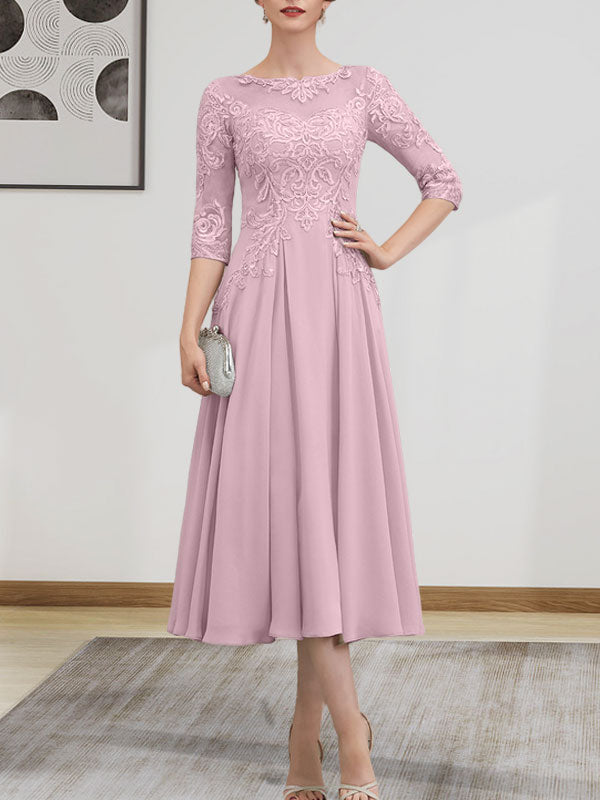 A-Linien-Kleid mit U-Boot-Ausschnitt, Illusion-Detail, Teelänge, Chiffonspitze, Perlenstickerei und Pailletten für die Mutter der Braut