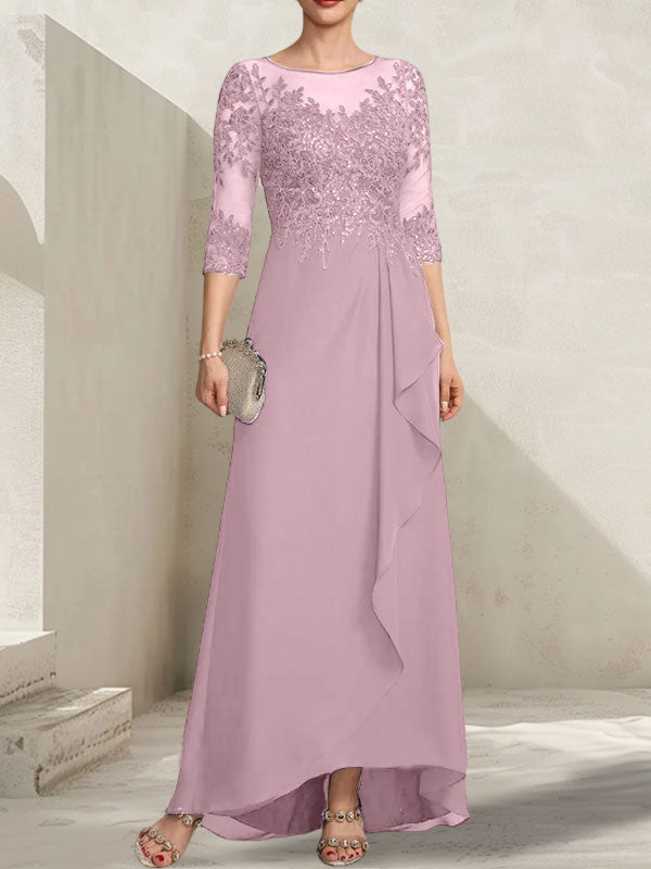 A-Linien-Kleid mit asymmetrischem, transparentem Chiffon-Spitzenausschnitt, Pailletten und Kaskadenrüschen für die Mutter der Braut