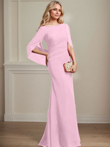 Vestido de gasa para madre de la novia con escote barco, corte trompeta/sirena, largo hasta el suelo, con pliegues 