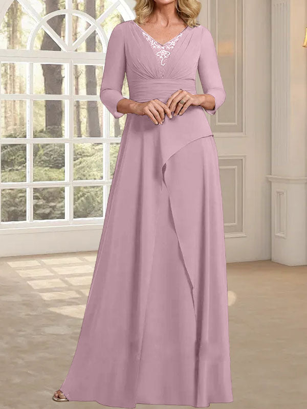 A-Linien-Kleid aus Chiffon mit V-Ausschnitt, bodenlang, für die Mutter der Braut, mit plissierter Perlenstickerei