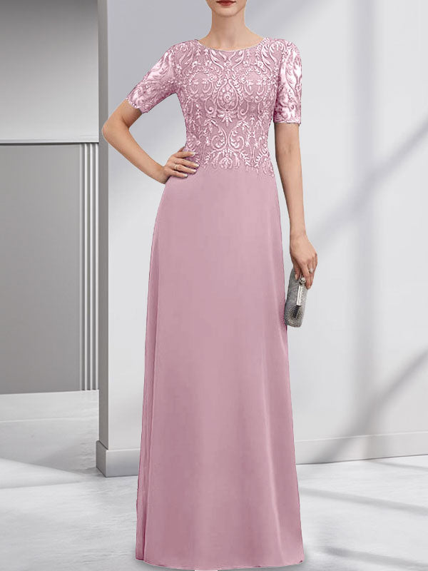 A-Linien-Kleid aus Chiffon mit Pailletten und Rundhalsausschnitt, bodenlang, für die Mutter der Braut