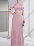 A-Linien-Kleid aus Chiffon mit Pailletten und Rundhalsausschnitt, bodenlang, für die Mutter der Braut