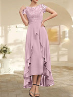 A-Linien-Kleid mit asymmetrischem Chiffon-Spitzenausschnitt, Schleife, Rüschen und Pailletten für die Mutter der Braut 