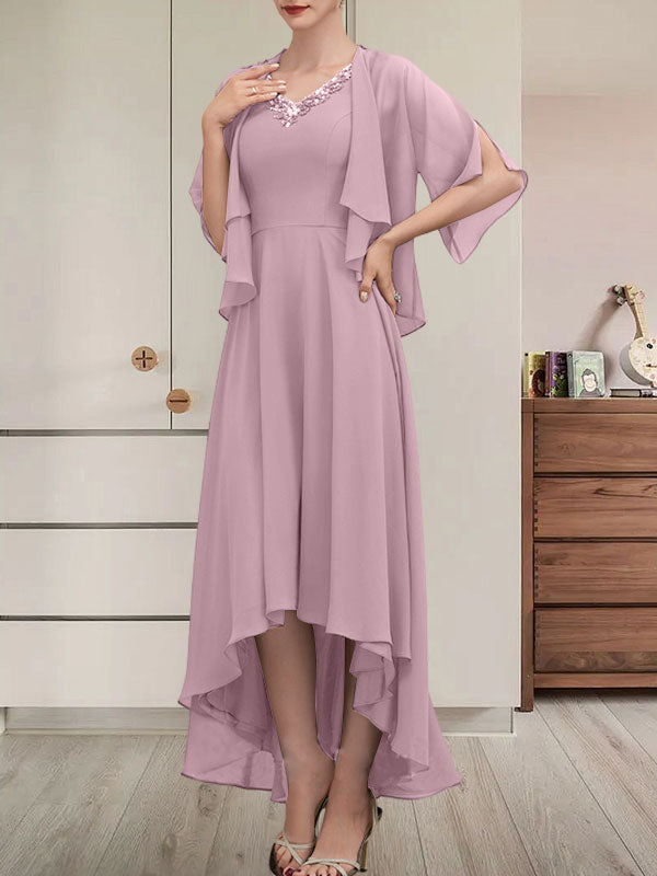 A-Linien-Kleid aus Chiffon mit V-Ausschnitt, asymmetrischem Muster und Perlen- und Paillettenbesatz für die Mutter der Braut