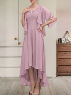 A-Linien-Kleid aus Chiffon mit V-Ausschnitt, asymmetrischem Muster und Perlen- und Paillettenbesatz für die Mutter der Braut