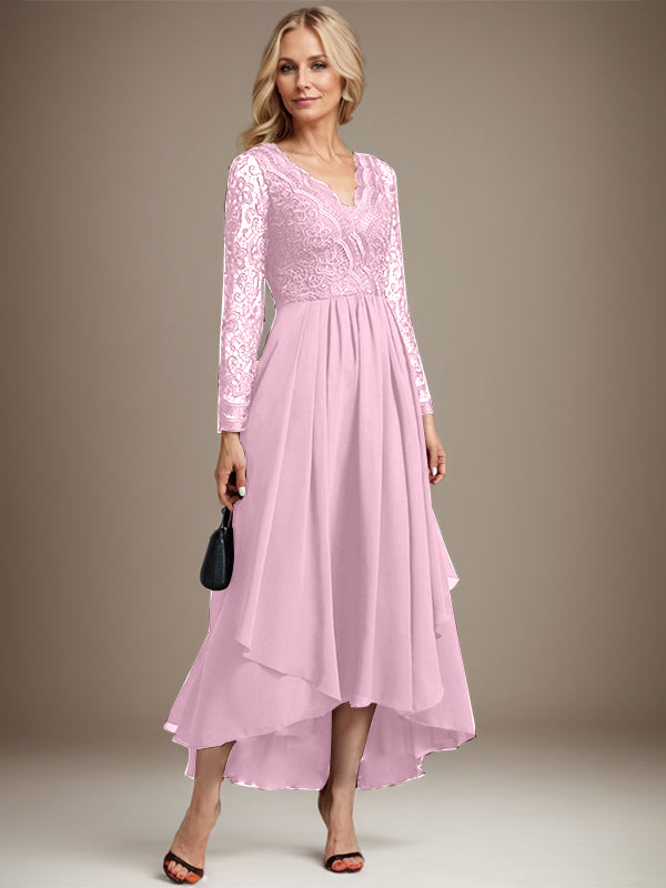 A-Linien-Kleid aus Chiffon mit V-Ausschnitt und asymmetrischer Spitze für die Mutter der Braut