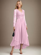 A-Linien-Kleid aus Chiffon mit V-Ausschnitt und asymmetrischer Spitze für die Mutter der Braut