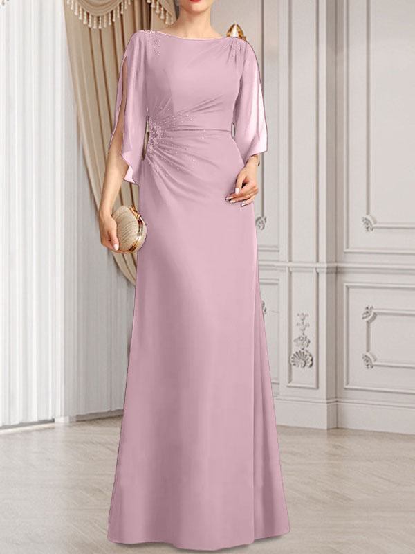 Etui-/Säulen-Chiffonkleid in Bodenlänge für die Mutter der Braut mit plissierter Perlenstickerei