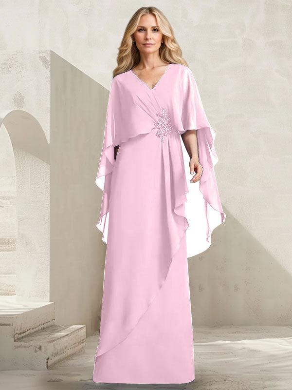 A-Linien-Kleid aus Chiffon mit V-Ausschnitt, bodenlang, mit Kaskadenrüschen und Perlenstickerei für die Mutter der Braut. 