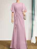 A-Linien-Kleid aus Chiffon in Bodenlänge für die Mutter der Braut mit kaskadenartigen Rüschen, Perlen und Pailletten