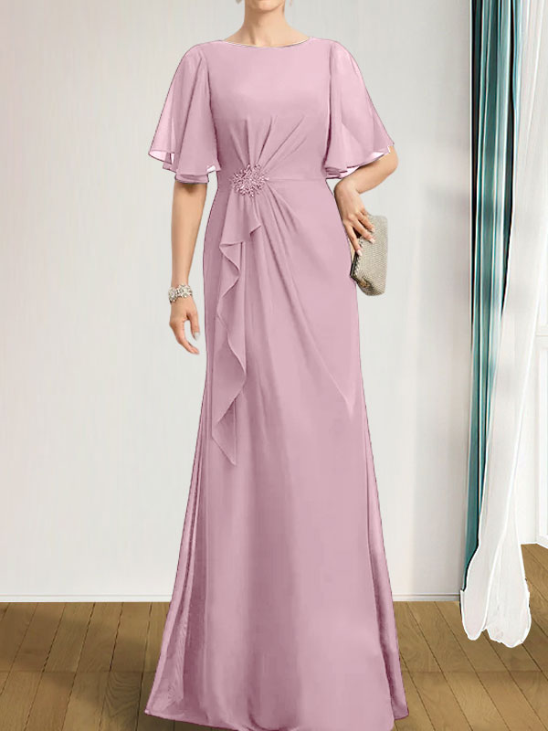 Vestido de gasa para madre de la novia, corte A, escote redondo, largo hasta el suelo, con volantes en cascada, cuentas y lentejuelas