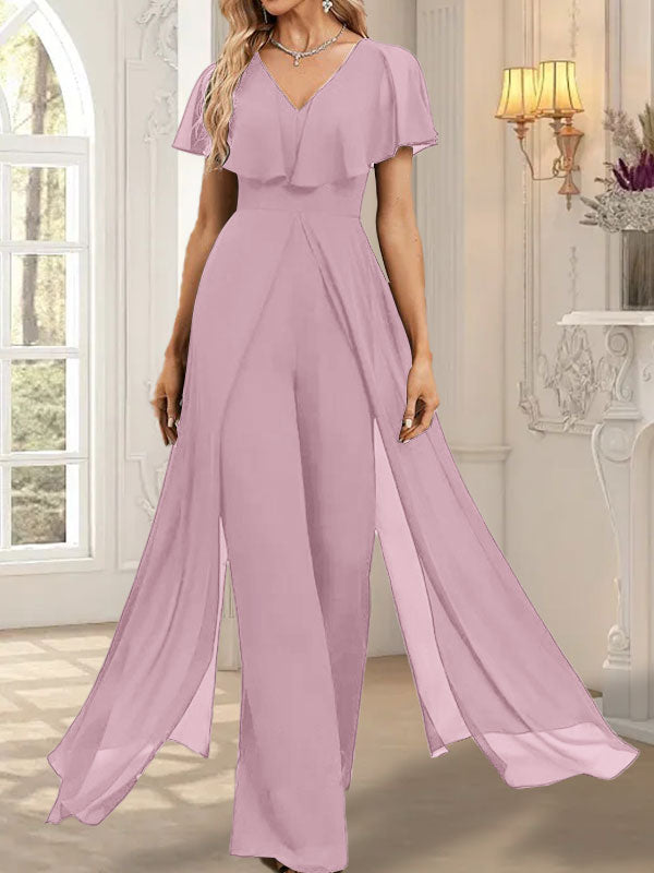 Jumpsuit/Hosenanzug, bodenlanges Chiffon-Abendkleid mit V-Ausschnitt