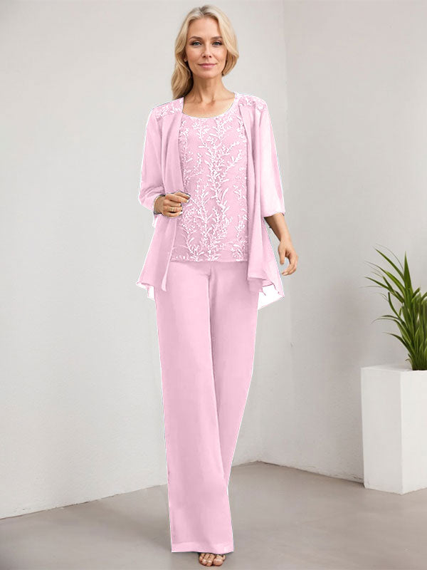 Vestido de madre de la novia de gasa con encaje y lentejuelas, con escote redondo y largo hasta el suelo, con mono/pantalón separado