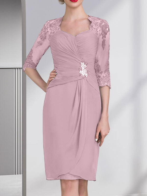 Etuikleid/Säulenkleid mit Herzausschnitt, knielang, aus Chiffon für die Mutter der Braut mit Perlenapplikationen, Spitze, Pailletten und Falten
