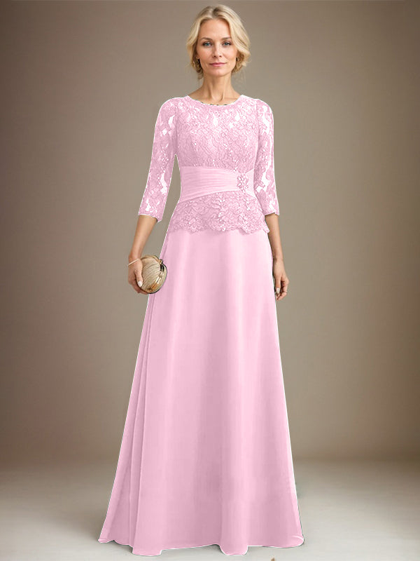 Vestido de gasa con encaje y escote en A, ilusión, largo hasta el suelo, para madre de la novia, con lentejuelas plisadas y abalorios 