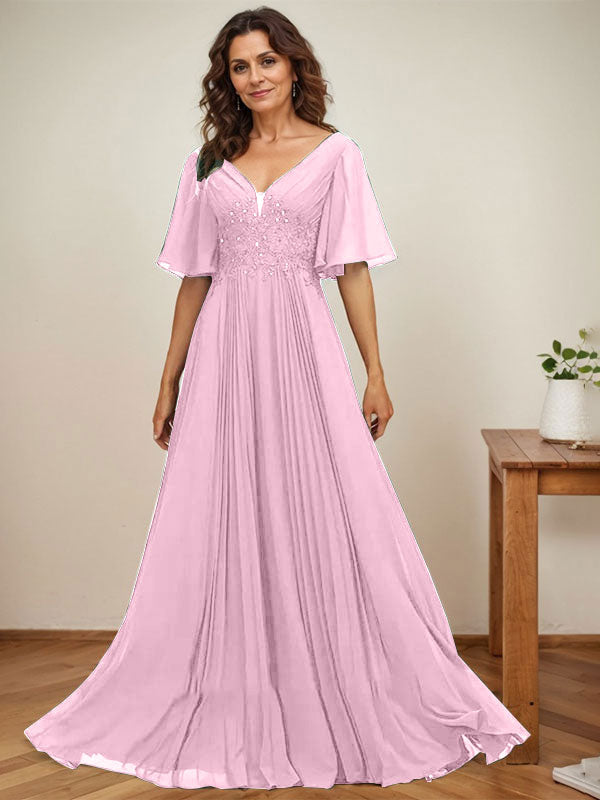 A-Linien-Kleid aus Chiffon mit V-Ausschnitt, bodenlang, mit Paillettenapplikationen, Spitze und Falten für die Mutter der Braut 