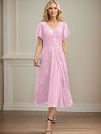 A-Linien-Kleid aus Chiffon mit V-Ausschnitt und Teelänge für die Mutter der Braut 