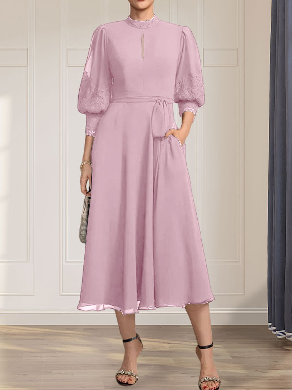 A-Linien-Kleid aus Chiffon mit hohem Kragen, Teelänge und Spitze für die Mutter der Braut, verziert mit einer Schleife