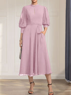 A-Linien-Kleid aus Chiffon mit hohem Kragen, Teelänge und Spitze für die Mutter der Braut, verziert mit einer Schleife