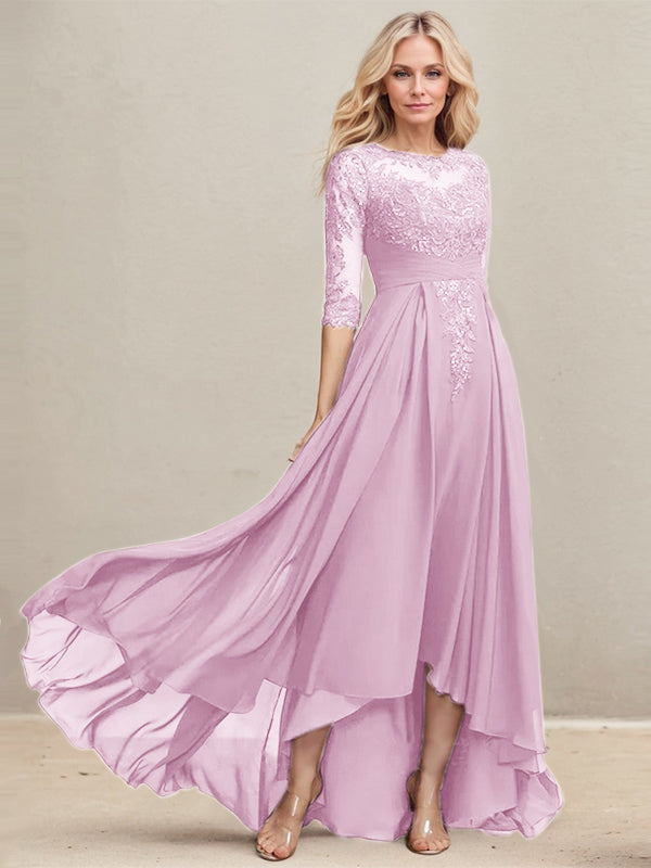 A-Linien-Kleid mit asymmetrischem Ausschnitt, Illusion-Effekt, Spitze und Chiffon, verziert mit plissierten Pailletten, ideal für die Mutter der Braut 