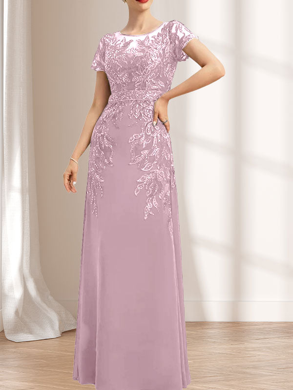 Etuikleid/Säulenkleid mit Illusion-Ausschnitt, bodenlang, aus Chiffon und Spitze mit Pailletten für die Mutter der Braut