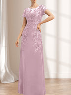 Etuikleid/Säulenkleid mit Illusion-Ausschnitt, bodenlang, aus Chiffon und Spitze mit Pailletten für die Mutter der Braut