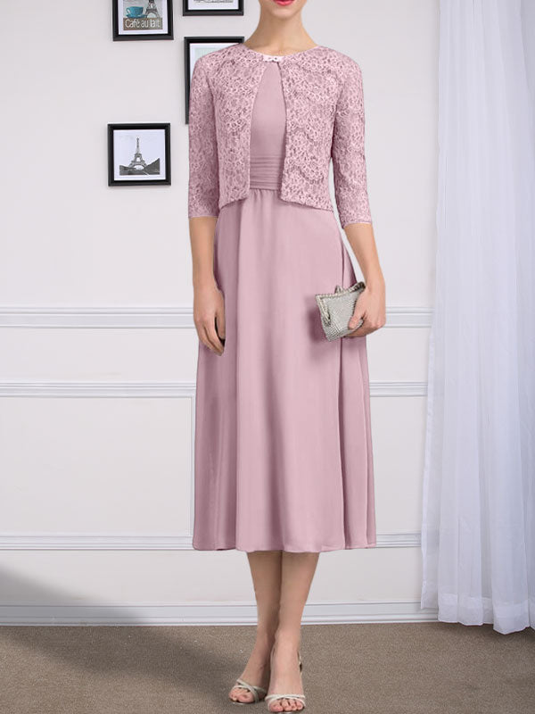 Vestido de gasa para madre de la novia, corte A, escote redondo, largo hasta la rodilla, con pliegues