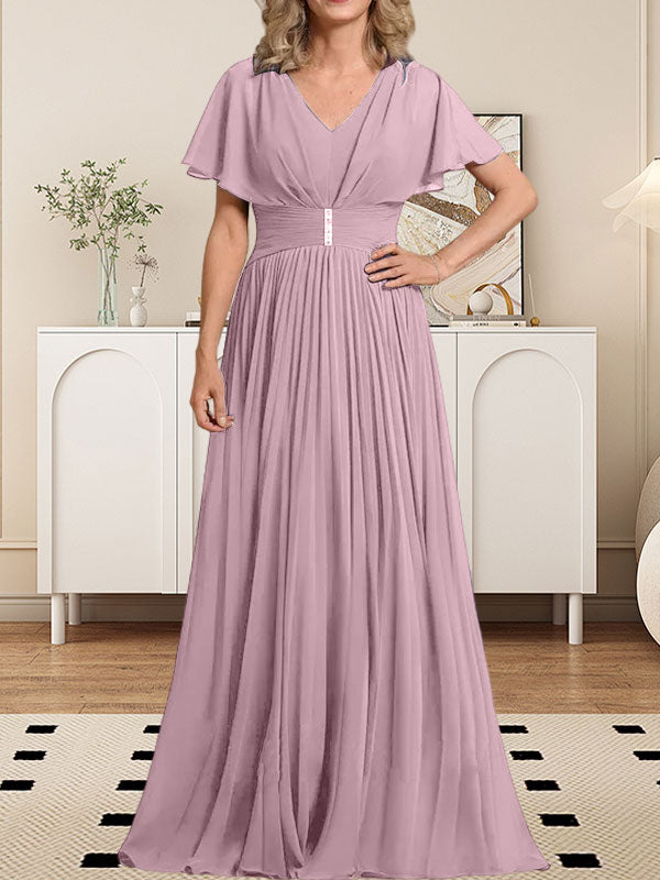 A-Linien-Chiffonkleid mit V-Ausschnitt, bodenlang, für die Mutter der Braut, mit Kristallbrosche und Falten 