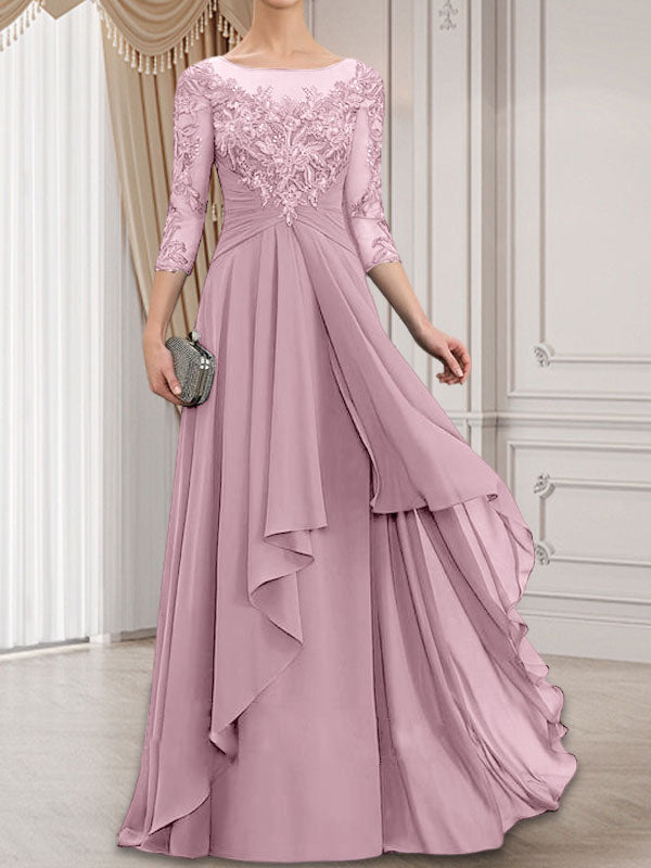 Vestido de gasa con encaje y volantes en cascada para madre de la novia, corte A, escote ilusión, largo hasta el suelo