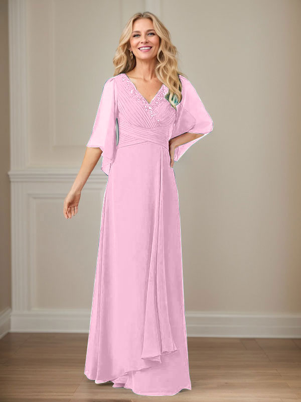 Vestido largo de gasa con lentejuelas y escote en V en forma de A para madre