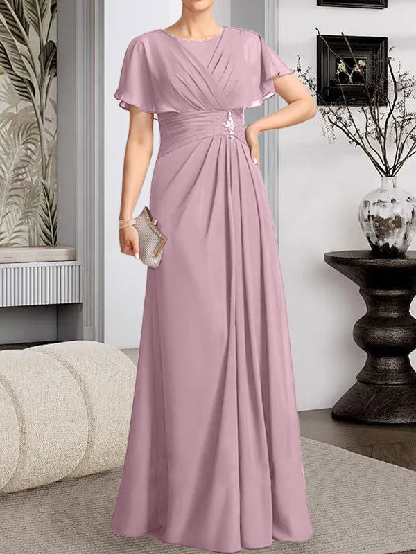 A-Linien-Kleid aus Chiffon mit Rundhalsausschnitt und bodenlanger Verarbeitung, verziert mit plissierten Perlen.