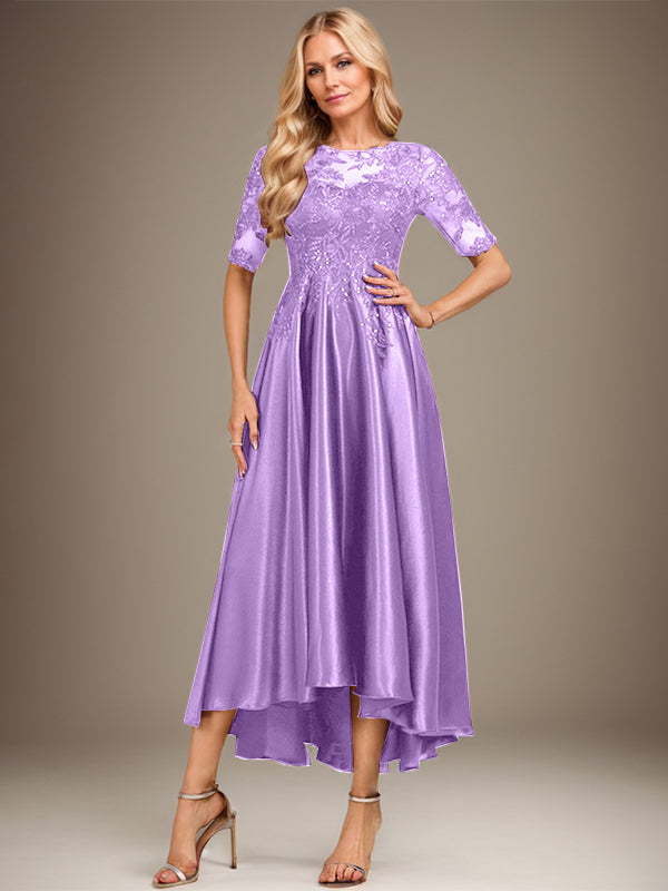Vestido de madre de la novia de encaje satinado elástico asimétrico con ilusión de escote en A y lentejuelas 