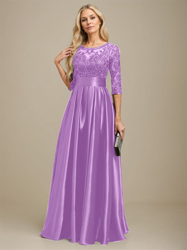 Vestido de madre de la novia de satén elástico con encaje, corte A, escote ilusión, largo hasta el suelo, con lazo y lentejuelas 