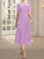 A-Linien-Kleid mit Rundhalsausschnitt, Illusion-Ausschnitt, Teelänge, Spitze und Pailletten für die Mutter der Braut