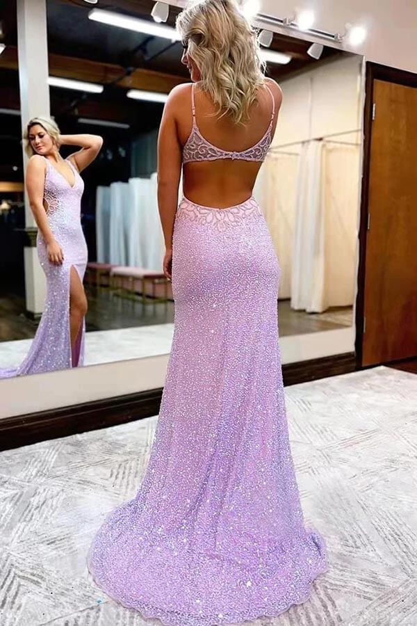 Lilac Sparkly Mermaid V-neck Long Prom Dresses With Slit, Evening Dress