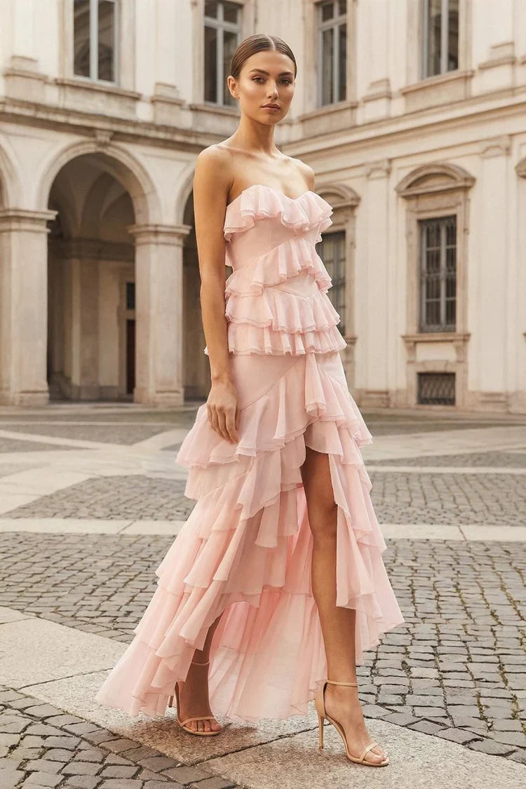Lilac Strapless Asymmetrical Ruffle Tiered Prom Dresses