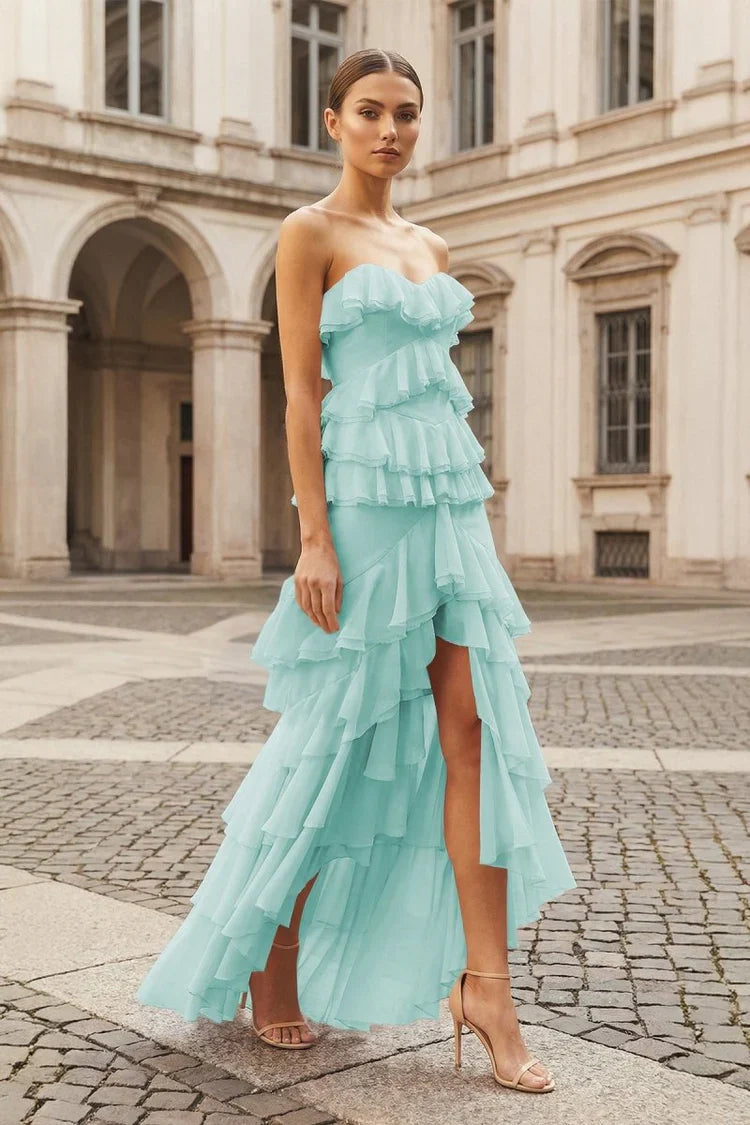 Lilac Strapless Asymmetrical Ruffle Tiered Prom Dresses