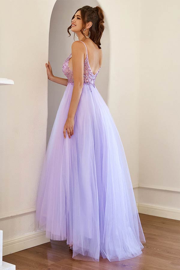 Lilac Tulle A-line Long Prom Dresses With Beading, Long Formal Dresses