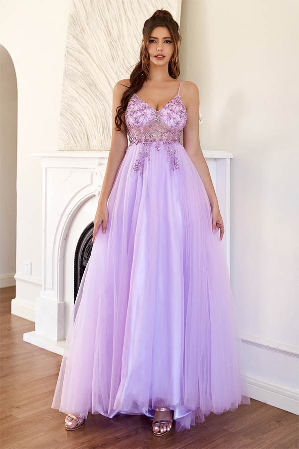 Lilac Tulle A-line Long Prom Dresses With Beading, Long Formal Dresses