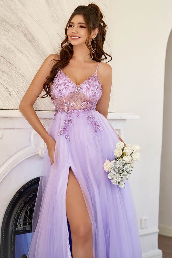 Lilac Tulle A-line Long Prom Dresses With Beading, Long Formal Dresses