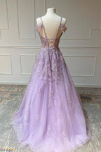 A-Linien-Abendkleid aus Tüll mit V-Ausschnitt und Spitzenapplikationen