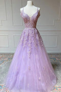 A-Linien-Abendkleid aus Tüll mit V-Ausschnitt und Spitzenapplikationen