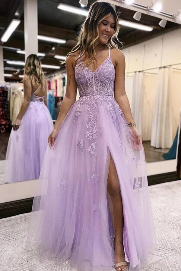 Vestidos de fiesta de tul con escote en V, corte en A y abertura lateral, vestidos largos de gala