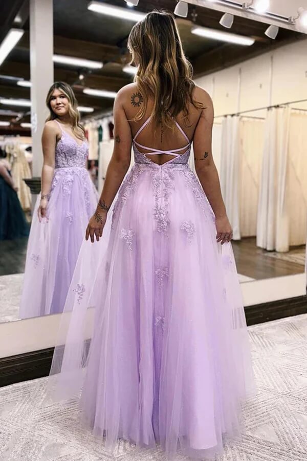 Vestidos de fiesta de tul con escote en V, corte en A y abertura lateral, vestidos largos de gala