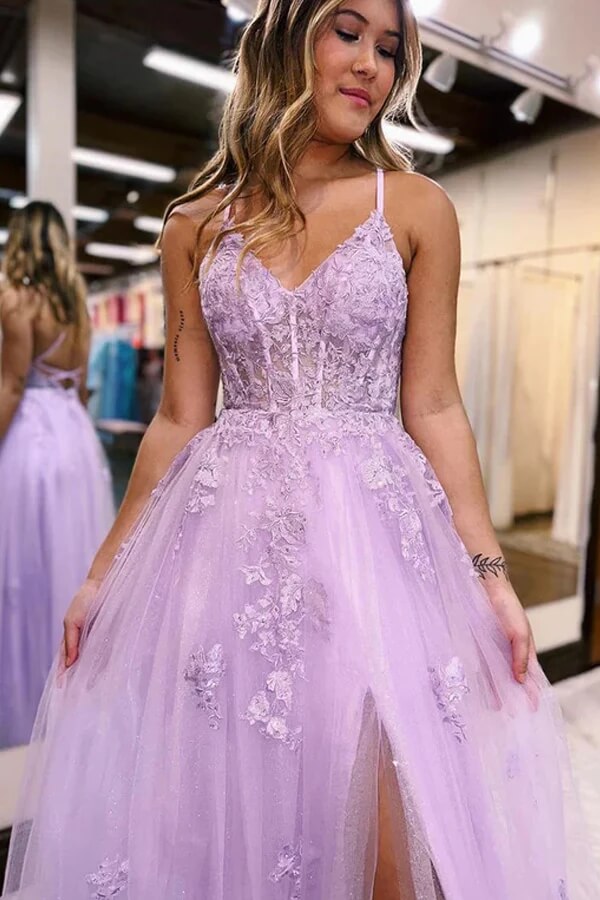 Vestidos de fiesta de tul con escote en V, corte en A y abertura lateral, vestidos largos de gala