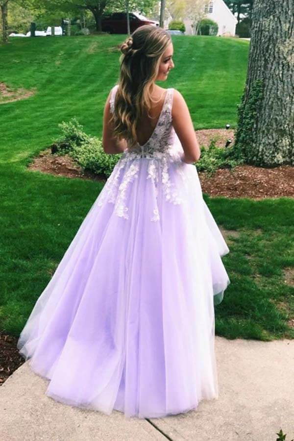 Lilac Tulle Lace A-line V-neck Open Back Prom Dresses, Long Formal Dress