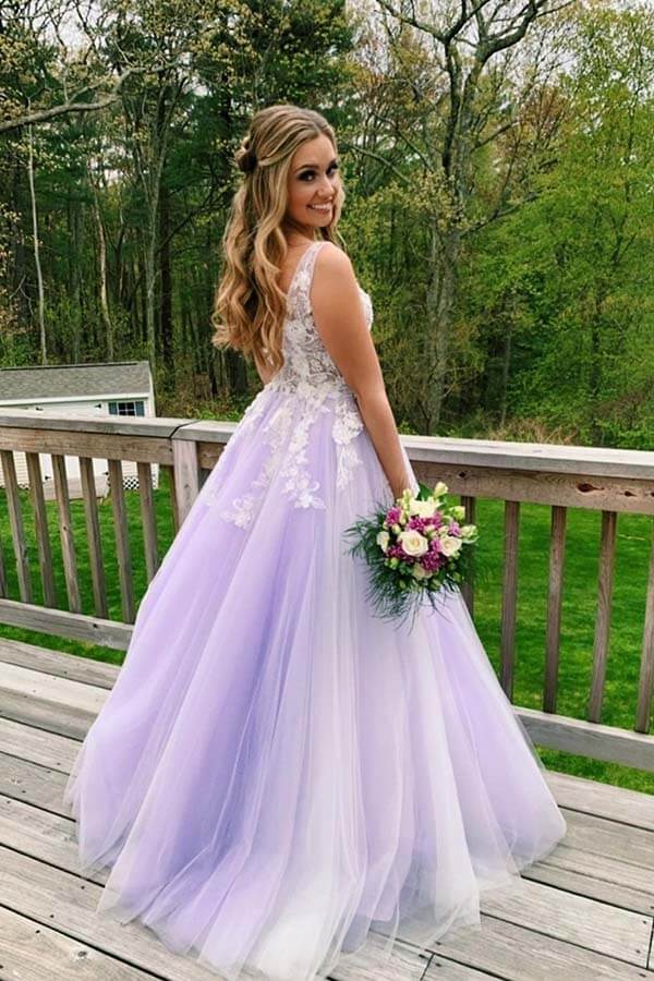 Lilac Tulle Lace A-line V-neck Open Back Prom Dresses, Long Formal Dress