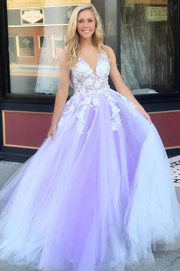 Lilac Tulle Lace A-line V-neck Open Back Prom Dresses, Long Formal Dress